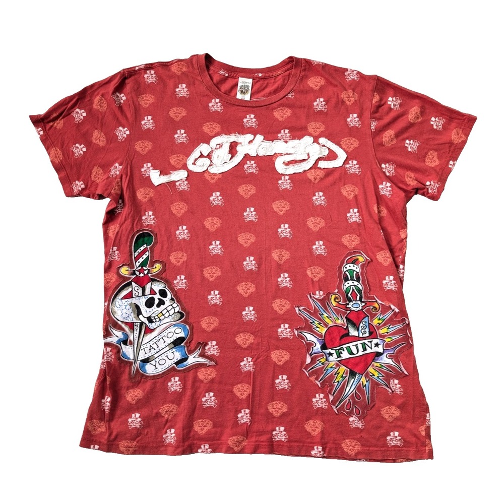 Vintage Ed Hardy Shirt Mens XL Red *HOLES READ Red Patchwork Embroidered Y2K